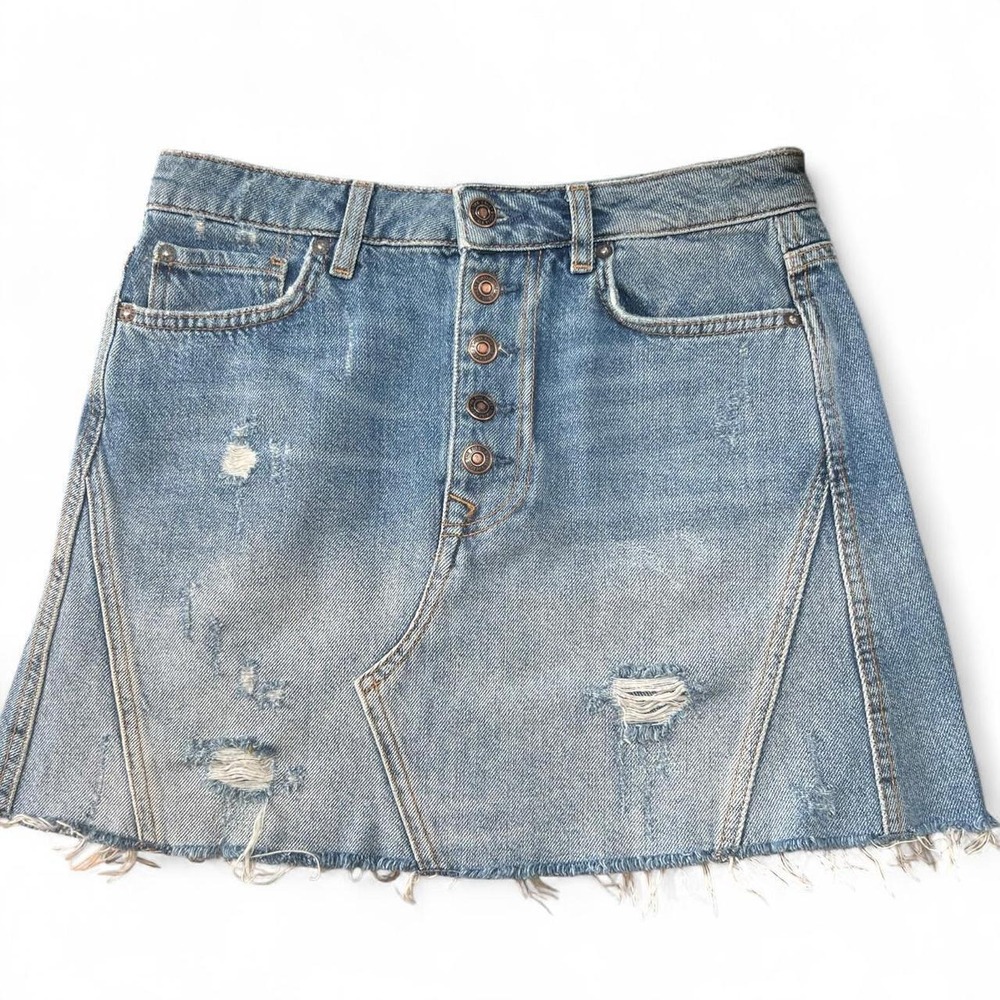 We The Free Distressed Denim Mini Skirt With Button Fly Free People Size 27